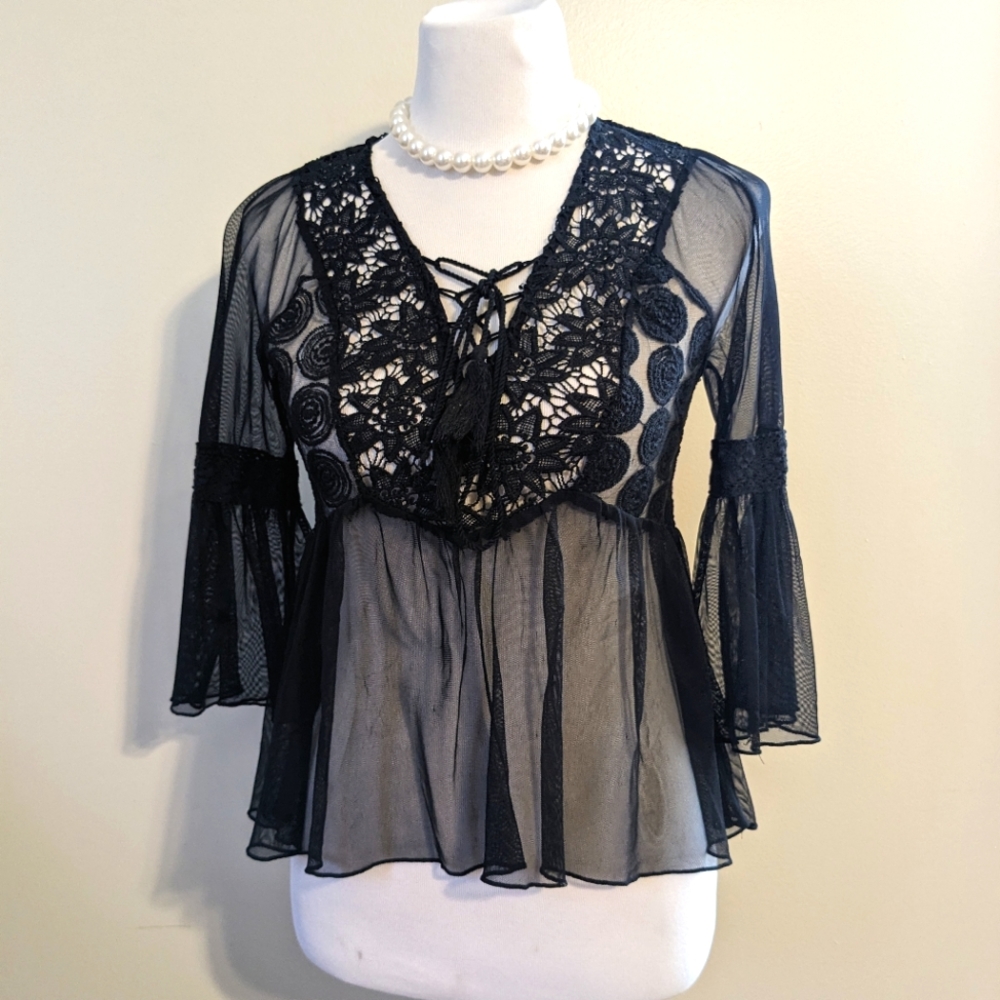 Love J Sheer Embroidered Black Mesh Ruffle Lace Blouse Small